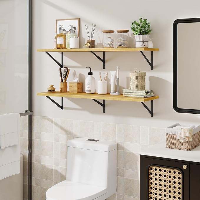 Floating Shelves for Wall,40" Wall Mounted Shelves Set of 2,Long Wood Floating Shelves,Hanging Wide Display & Storage Shelf with Metal Brackets for Bathroom,Bedroom,Kitchen,Living Room,Oak