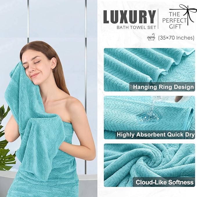 8 Piece Bath Towel Set — 2 Oversized Large Bath Sheet,2 Hand Towels,4 Washcloths — Ultra Soft Cozy Bath Towel Set for Bathroom Hotel Gym Spa,Highly Absorbent & Quick Dry Bathroom Towel Collections,Teal