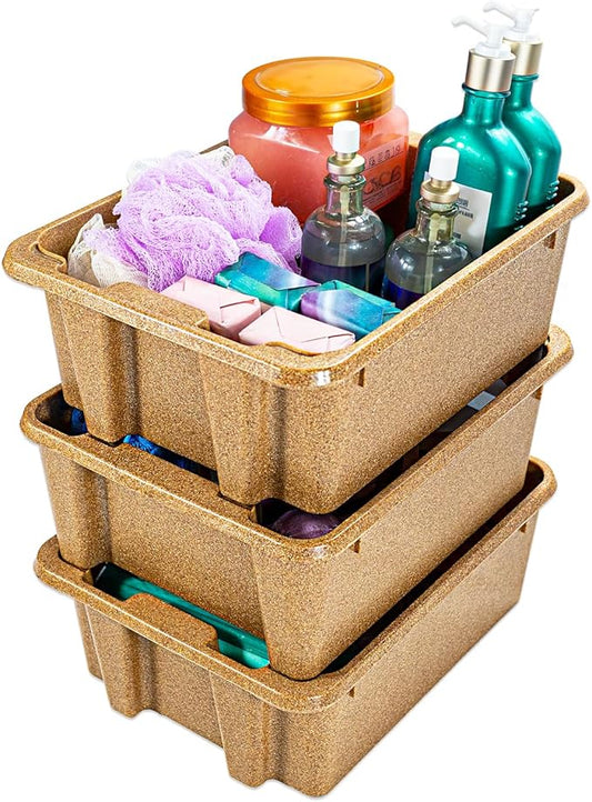 Best Kept Cupboard Organizers And Storage | Plastic Tray Wood-Like Texture| Bathroom Essentials | Skincare Organizer | Facial Care Product Storage Bin | Light Brown 3-Piece Organizer Set
