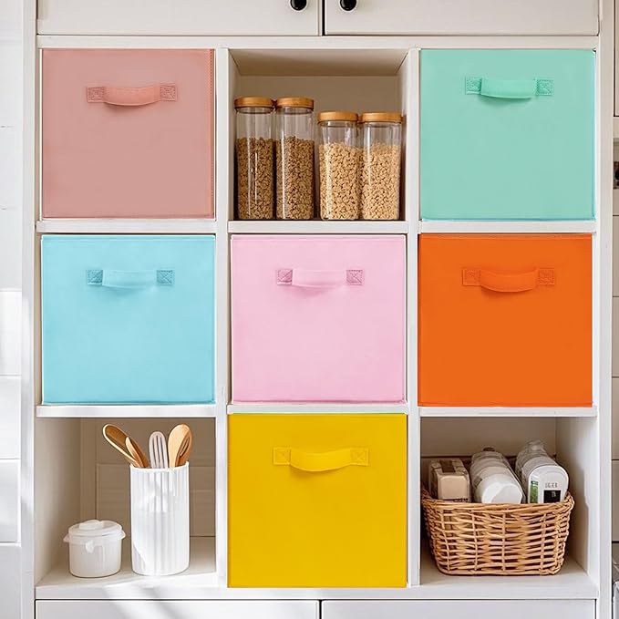 11x11 Storage Bins, Set of 4 Storage Cubes, Collapsible Cube Storage Box, Fabric Closet Organizers with Handles for Home, Office, Closet Shelf Cabinet, Bookcase, Multi-Color