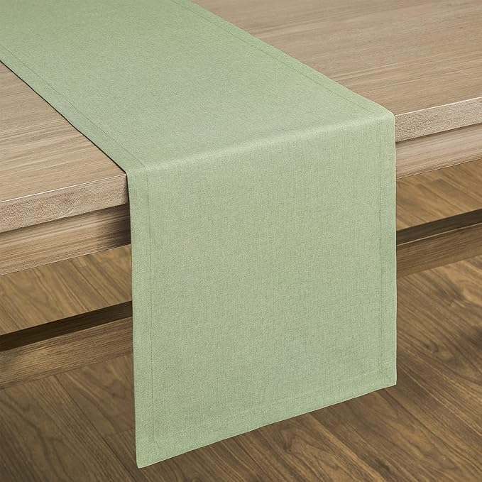 ZeeMart Basic Linen Style Table Runner, 14 x 90 Inch Sage Green, Rustic Farmhouse Green Table Runners 90 Inches Long, Everyday Polyester Table Runner - Machine Washable & Easy Care