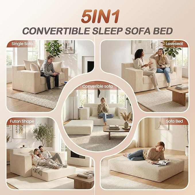 5 in 1 Convertible Sofa Bed,Small Boneless Couch Pull Out Loveseat Sleeper Sofa,Corduroy Futon Couch Folding Mattress with 4 Pillows for Living Room Bedroom Lounge (No Assembly)