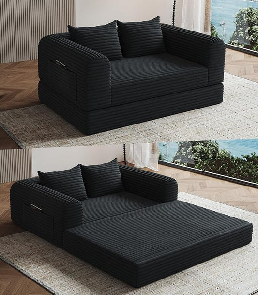 57“ Loveseat Folding Sofa Small Couches Armchair Convertible Chaise Longue Versatile 2 in 1 for Small Spaces, Couch Mid Century Love Seat Couches for Bedroom, Apartment, 2-Seater, Black