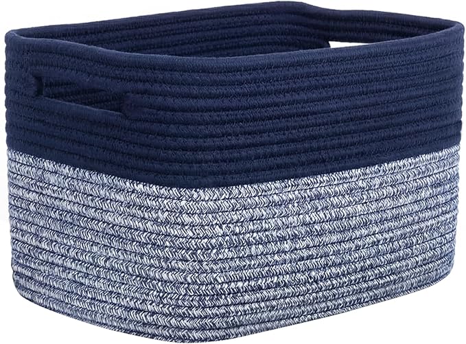 Storage Baskets for Organizing, 14 x 10 x 9” Closet Shelf Woven Baskets, Square Bins with Handles, Cotton Rope Basket for Toys, Clothes, Office, Room, Grey+Blue 1 Pack