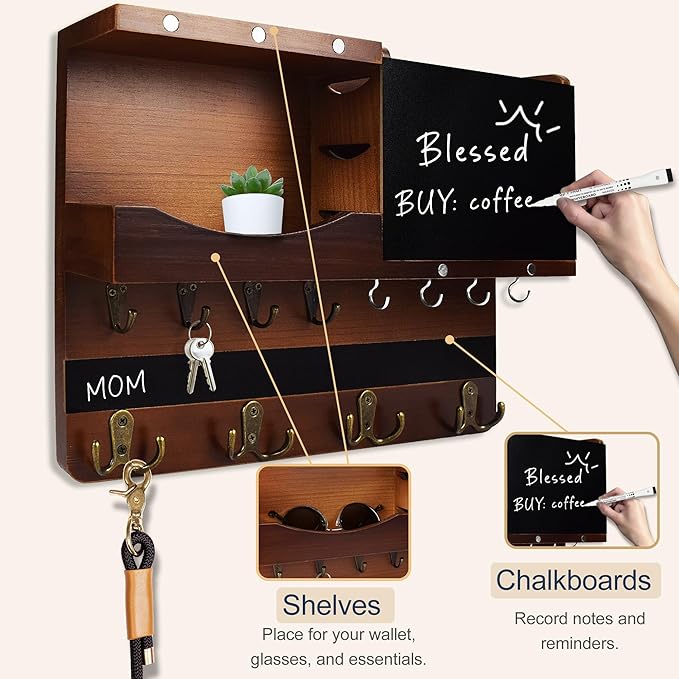 Key Holder for Wall Mount with Shelf and Mail Organizer, Key and Mail Holder with 16 Hooks, Farmhouse Entryway Organizer, Home Decor Rack(Pine Wood, Brown)