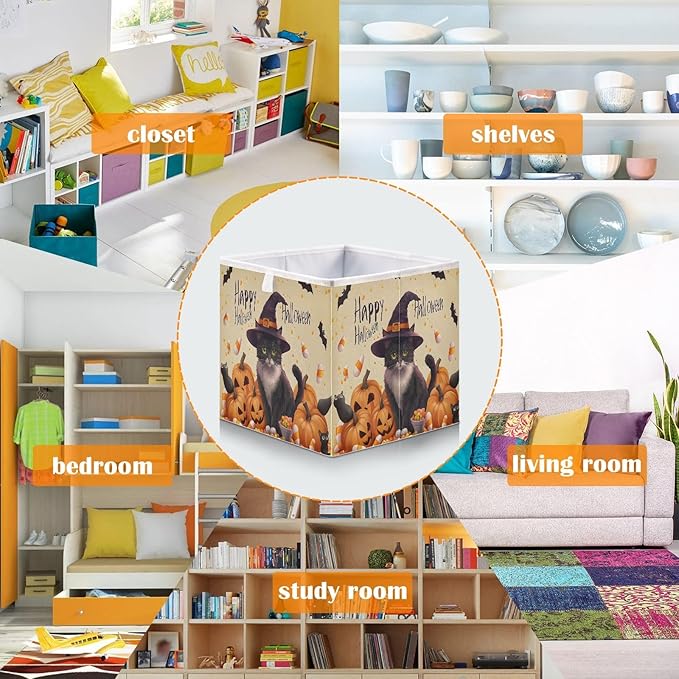 Bolaz A Stylish Cat in A Witch Hat Surrounded by Pumpkins Closet Organizers Storage Cubes Storage Bins Shelf Baskets Containers for Home Room Office,Rectangle