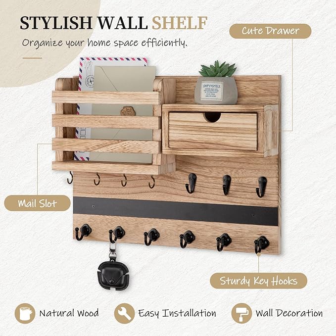 Nekon Key Holder Wall Mount, Rustic Mail and Keys Shelf for Wall Organization with 13 Hooks, Home Decor Accessory with Drawer, Wood