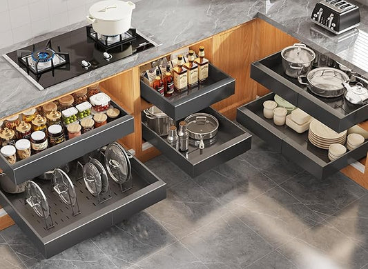 6Pack Expandable Pull Out Cabinet Organizer 21"Deep with Raising Pad for Framed Cabinets,Slide Out Drawers with 4pcs Divider Racks,Roll Out Shelves Adhesive,Adjustable Width 12.05"-20.4"Black