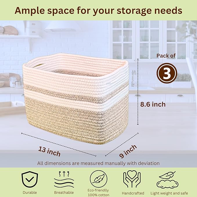 Cotton Rope Baskets for Organizing and Storage, Woven Decorative Baskets for Shelves, Books, Closets. Storage Bins for Living Room, Bedroom | Pack of 3 | Beige