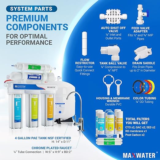 Max Water 100 GPD Reverse Osmosis Water Filtration System - 5 Stage RO System with Faucet and Tank Plus 4 Extra Filters - Under-Sink/Wall Mount (White, with Tank & Faucet) - Model : RO-5W2