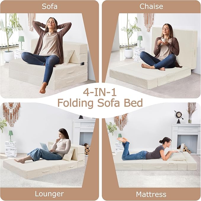 Folding Sofa Bed, 4 in 1 Convertible Sleeper Chair with Pillow, Twin Memory Foam Fold Out Chair Bed, Modern Floor Futon Sofa Couch Mattress for Living Room/Guest/Apartment, Beige | Fold out chair bed, Futon sofa bed, Extra bag included, All foam made, ...