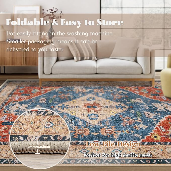Area Rug 6x9 Washable Rug, Vintage Boho Medallion Rugs Non-Slip Soft Low Pile Large Distressed Rug Indoor Retro Carpet for Living Room Bedroom Dining Room Office (TribalMedallionMulti, 6'x9')