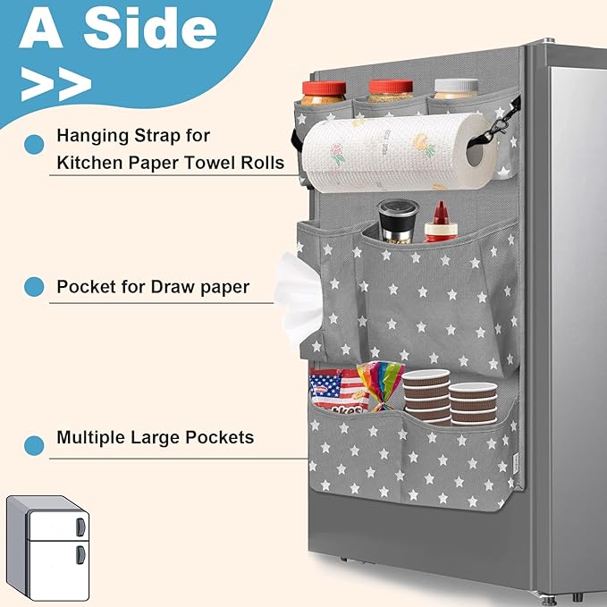 Dorm Room Essentials Mini Fridge Organizer, Hanging Over Fridge Storage Organizer, College Caddy with 14 Pocket for Office, Kitchen, Home, School (Grey)