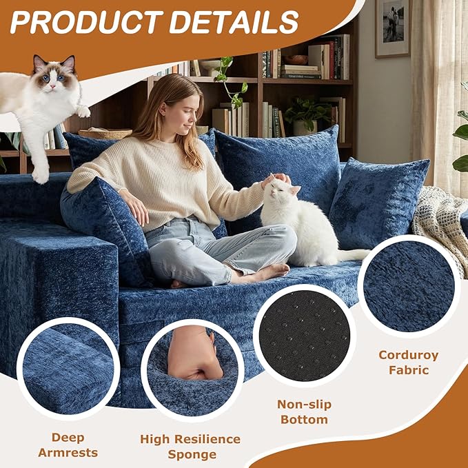 Convertible Sofa Bed, 5 in 1 Small Boneless Couch Pull Out Loveseat Sleeper Sofa,Corduroy Futon Couch Folding Mattress with 4 Pillows for Living Room Bedroom Lounge (No Assembly)