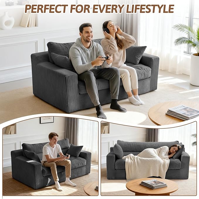 Convertible Sofa Bed, Pull Out Boneless Couch Loveseat Floor Sofa Bed with Pillows, 2-Seater Folding Sofa Loveseat Boneless Couch for Living Room, Bedroom, Apartment, Office(Grey)