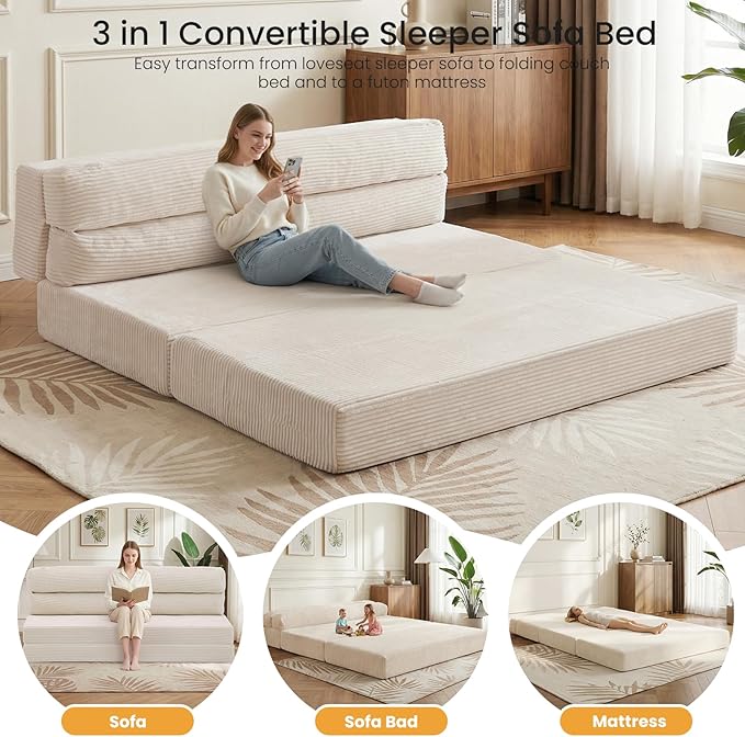 Folding Mattress Full Size, Convertible Sofa Bed with Metal Frame, Foldable Sofa Bed Floor Couch Lounge Sleeper Loveseat Folding Mattress for Living Room