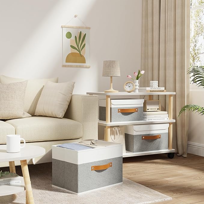 OUTBROS Storage Box with Lid Large, Linen Fabric Wardrobe Containers, Collapsible Organiser For Towels, Clothes, 17.7 x 11.8 x 11.8 inch (White/Grey, 5-Pack)