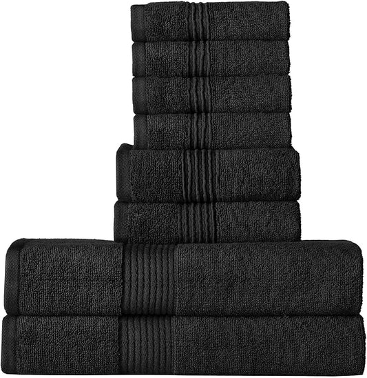 Bath Towels 8 Piece Towel Set – 100% Combed Cotton – Bath + Hand + Washcloths – Oeko-TEX Certified Soft & Absorbent Towels with Durable Double-Stitched Edges for Bathroom or Guest Spa, Black