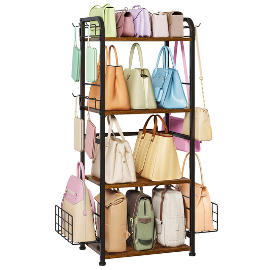 koozuuyk 4-Tier Purse Organizer for Closet with 3 Side Hooks and 2 Baskets, High Capacity Purse Rack Stand for Purse Storage, Metal & Wood Handbag Holder for Handbag Organizer, Pat