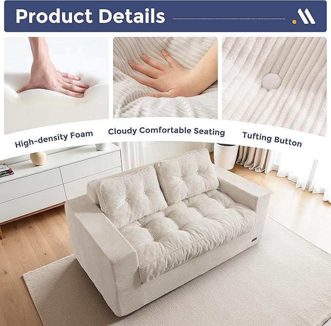 MAXYOYO Loveseat Sofa Couch, Upholstered Bean Bag Chair Cloud 2-Seat for Adults, Boneless Couch with Tufted Cushion & Pillows, Sofa in A Box, No Assembly Required, Beige