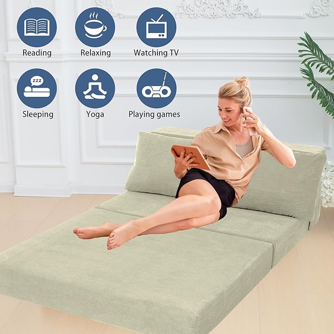 Sofa Bed Foldable Mattress ，Folding Sleeper Sofa Chair Bed Floor Mattress with Pillow for Living Room Home Office (Off White- Corduroy, Twin XL)