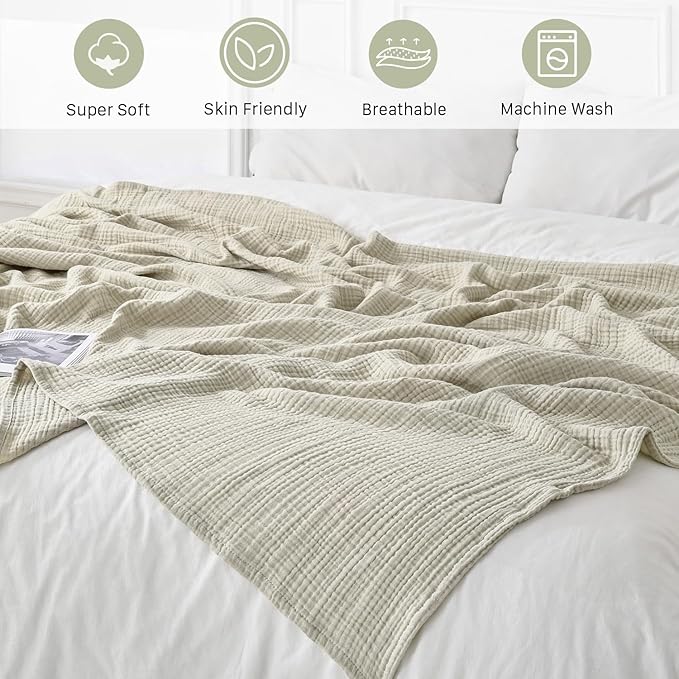 100% Cotton Muslin Blanket Throw 108'x90', Lightweight Breathable Summer Throw Blanket for Sofa, Couch, Bed, All-Season Use, Oatmeal