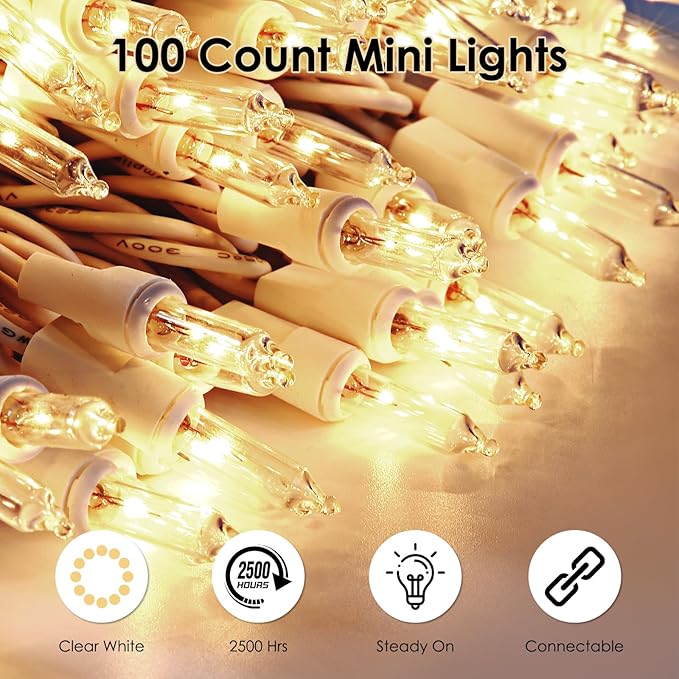 Christmas Lights 2Pack 100 Count Clear Mini Lights White Wire ULCertified Connectable Multicolor String Lights for Christmas Tree,Home,Patio,Wedding,Party,Festival Decor, LEH-100L/2F(0.34A)