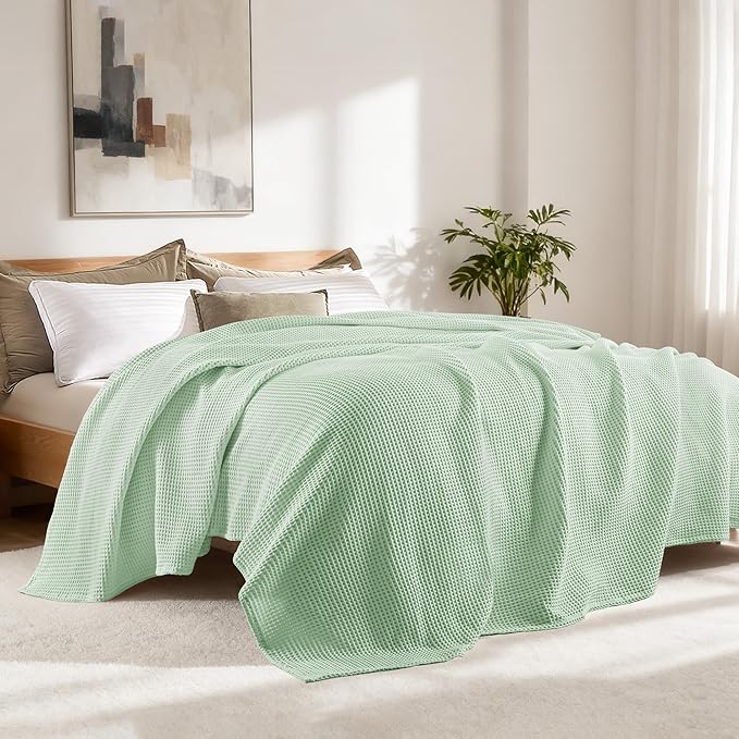 Exclusivo Mezcla 100% Cotton Waffle Weave Blanket Queen Size, Soft, Lightweight and Breathable Muslin Gauze Blanket for Bed, All Season, 90"x90", Sage Green