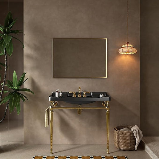 36" Bathroom Console Sink, Wall-Mounted Black Ceramic Vanity Basin with 3 Pre-drilled Faucet Holes, Freestanding Gold Stainless Steel Support Legs with Towel Bar, No Faucet - Rome, Black