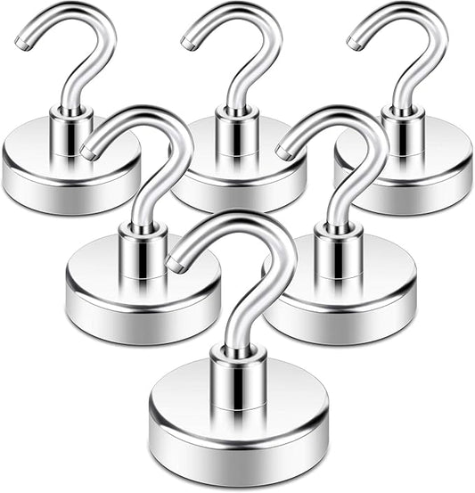 Neosmuk Magnetic Hooks,Heavy Duty Earth Magnets with Hook for Refrigerator, Extra Strong Cruise Hook for Hanging, Magnetic Hanger for Curtain, Grill(Silver, 6 Pack)