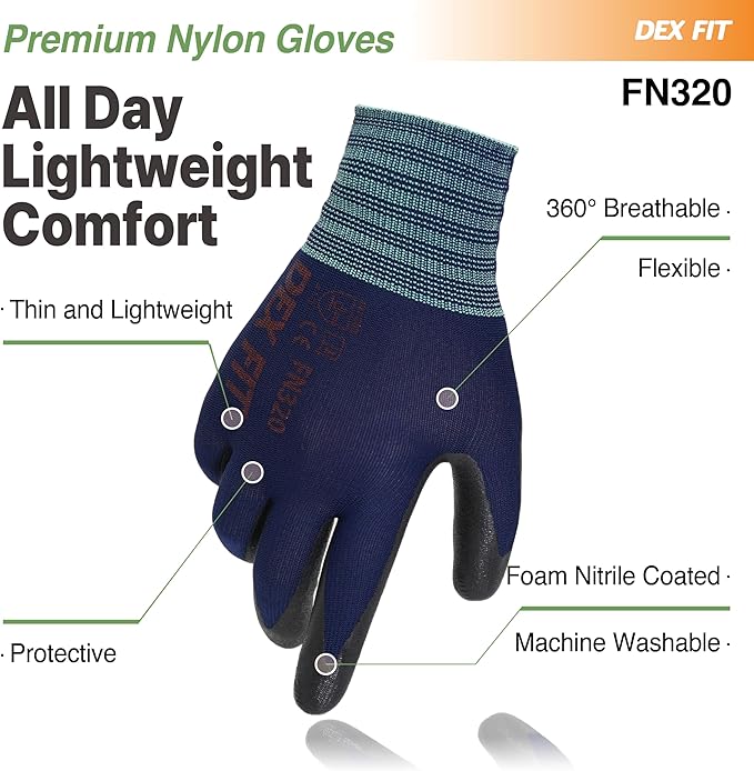 DEX FIT Premium Nylon Work Gloves FN320 - Firm Nitrile Grip, 3D-Comfort Stretchy Fit, Thin & Lightweight, Protective & Durable, Breathable, Machine Washable; Navy 8 (M) 1 Pair
