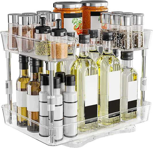 360° Rotating Lazy Susan Turntable Organizer Spice Rack, 2 Tier Height Adjustable Rotating Spice Organization for Cabinet, Seasoning Organizer for Countertop, Pantry