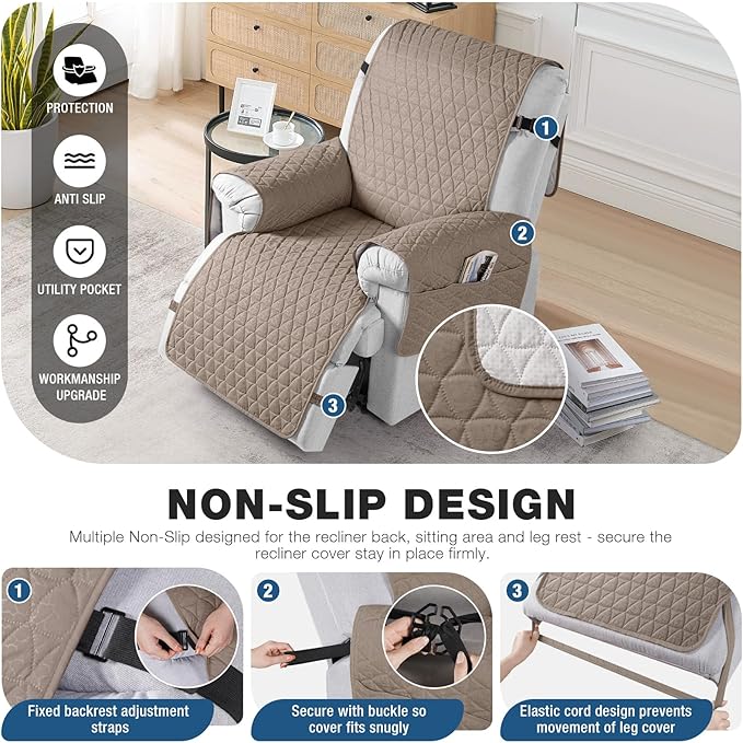 TAOCOCO 100% Waterproof Recliner Cover - Recliner Cover with Non-Slip Granule, Recliner Chair Covers with Elastic Band, Recliner Chair Covers for Reclining Chair(Taupe, Small-22'')