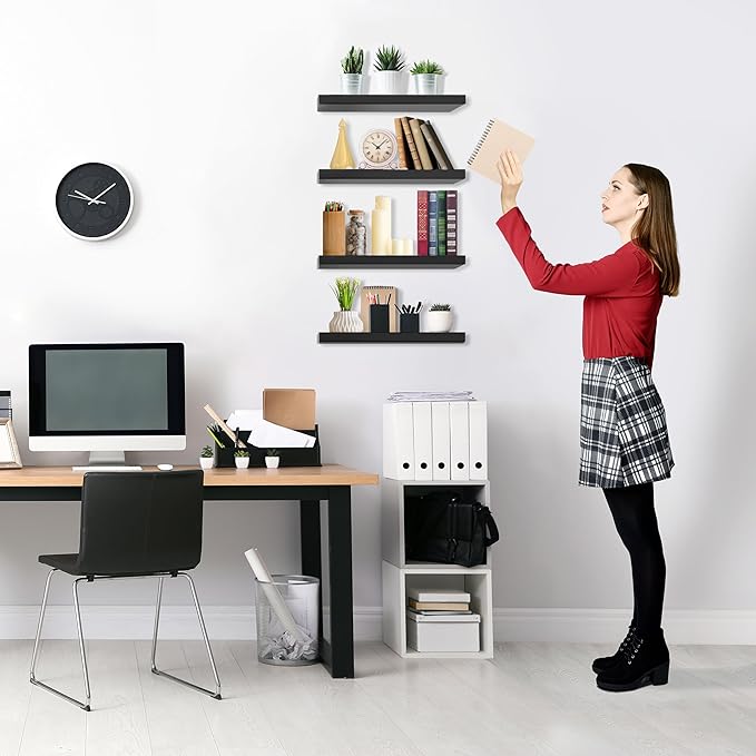 Floating Shelves for Wall – 16 Inch Floating Shelf for Kitchen, Bedroom, Living Room, Bathroom, Home & Wall Decor - Mounted Bathroom Shelves with Invisible Brackets (Black, 4 Pack)