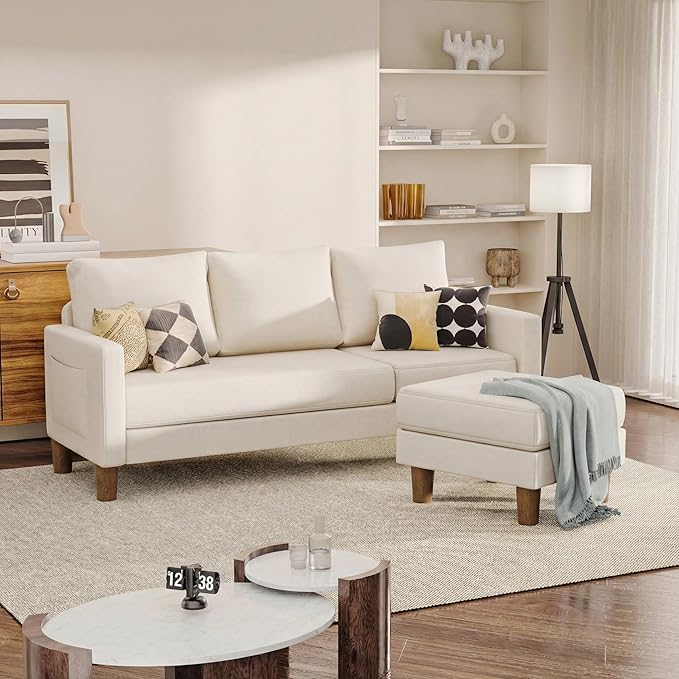 JUMMICO L Shape Sectional Sofa Couch, 3 Seat Convertible Sofa with Movable Ottoman and Side Storage Pockage, Modern Sofa Small Couches for Living Room & Apartment and Small Space (Linen, White)