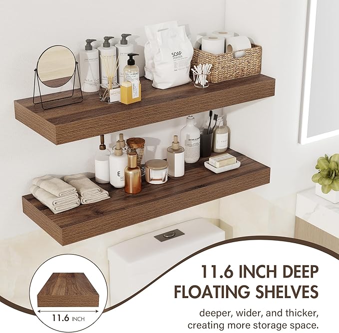 40 Inch Floating Shelves, 12" Deep Floating Shelf Wall Mounted, 40" Wall Shelves, Rustic Deep Bookshelf, Extra Deeper & Thicker Display Shelves for Bedroom, Living Room, Walnut, Set of 2