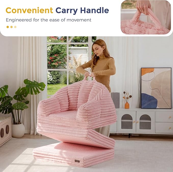 MAXYOYO Folding Sofa Bed, 2 in 1 Convertible Sofa to Lounger Comfy Faux Fur Bean Bag Chair for Adults, Floor Single Sleeper Couch Chair with Handle, Couch Bed for Living Room Bedroom, Pink
