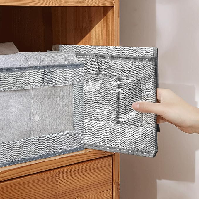 6 Pieces Linen Closet Storage Bins with Clear Window, Shelf Basket Closet Clothes Organizer Storage Containers for Organizing Shelves Wardrobe Office Clothing Books