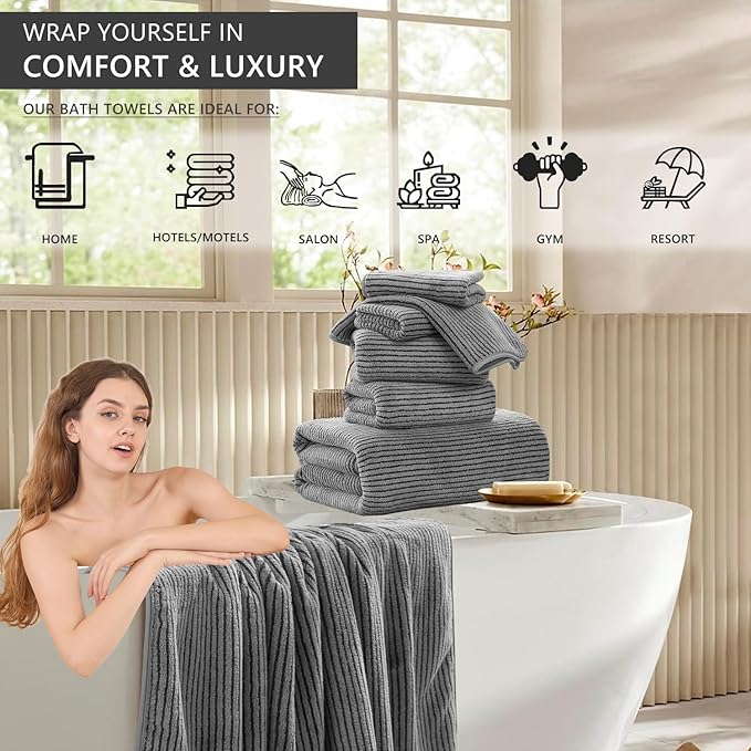 8-Piece Premium Towel Set for Bathroom|2 Oversized Large Bath Sheet,2 Hand Towels,4 Washcloths|Soft Cozy Highly Absorbent Fast Dry Microfiber Towel Set for Hotel,Bathroom Essentials,Dark Grey
