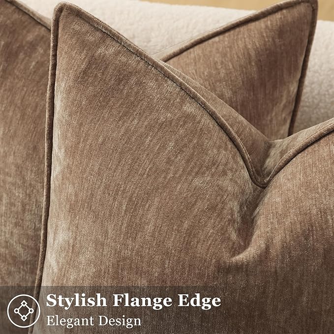 decorUhome Spring Couch Euro Sham Throw Pillow Covers 24x24 Set of 2, Decorative Soft Velvet Modern Cozy Chenille Pillow Cases with Elegant Design for Sofa Bed Living Room Home Decor, Brown