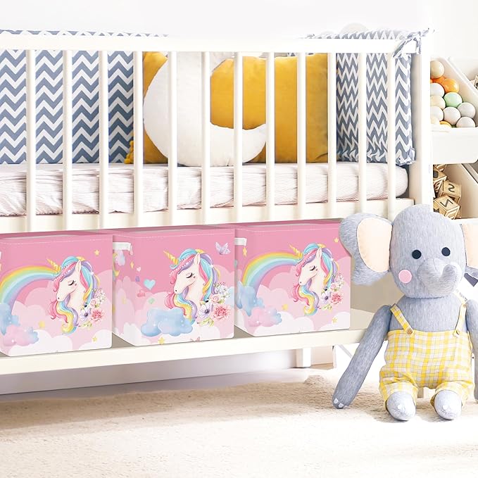 Clastyle Pink Unicorn Rainbow Kid Storage Basket Set Foldable Closet Clothes Organizer Nursery Toddler Toy Bin Girl Book Shelf Basket, Cloud, 11.8x11.8x11.8 in