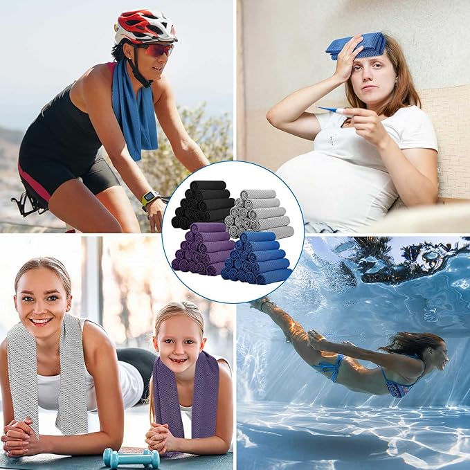 80 Count Cooling Towel Bulk 40 x 12 Inch Double Layer Microfiber Chilly Cold Towel for Neck Gym Yoga Running Workout Sports(Black, Purple, Gray, Blue)