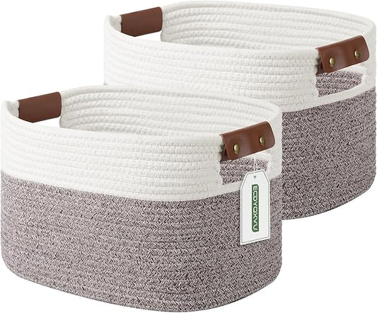Cotton Rope Basket, Storage Baskets with Handle, 15x10x9 Inch Woven Basket for Shelves, Laundry, Towels, Clothes, Books (White Brown 2 Pack)