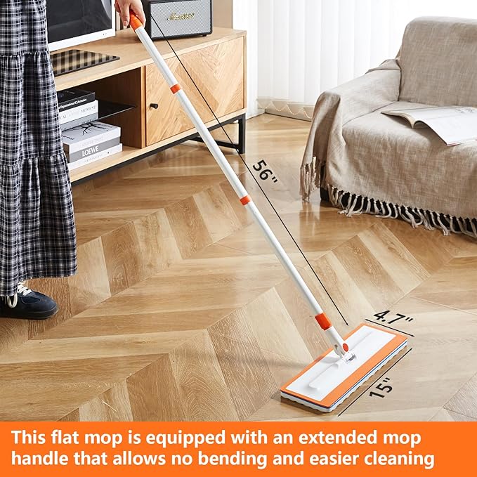Magic Sponge Eraser Mop, 56" Handle with Flexible 15" Flat Head,2 Microfiber Pad and 3 Magic Sponge Eraser Pads (Mop Set,15" Mop-Head)