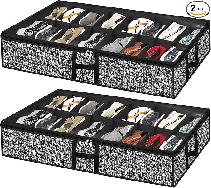 Under Bed Shoe Storage Organizer for Closet 2 Pack Fits 32 Pairs Underbed Shoes Container Boxes with Sturdy H-Handles, Foldable Shoe Rack Holder,Black