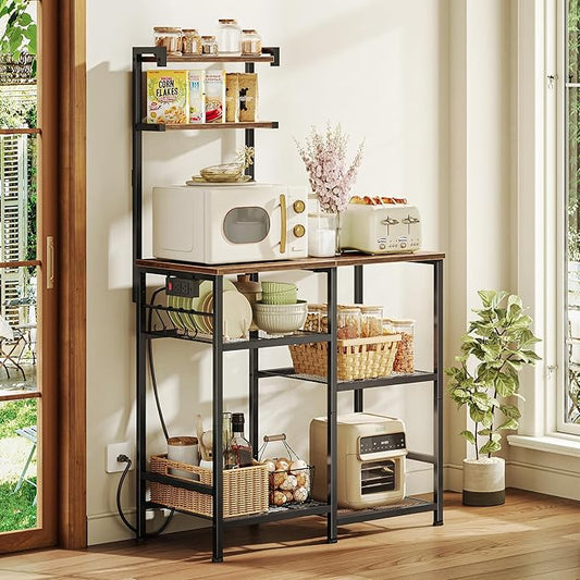 Huuger 31.5 Inch Bakers Rack with Power Outlets, Kitchen Microwave Stand with Storage, Coffee Bar with 4 Hooks, 3-Level Height Open Shelves, Rustic Brown