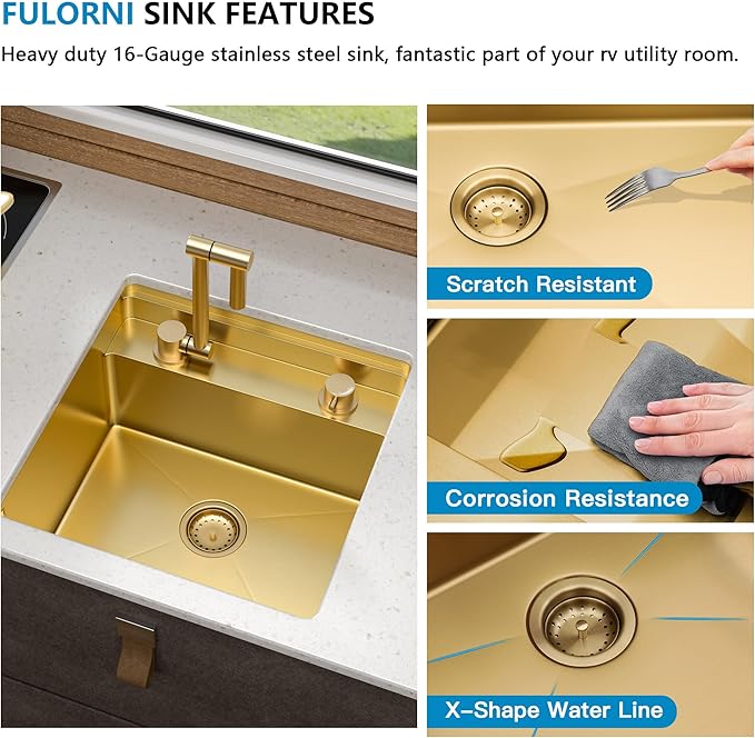 18"x18" Undermount RV Kitchen Sink – 16 Gauge 304 Stainless Steel Brushed Gold NANO-PVD Single Bowl Sink with Foldable Faucet, for RV, Camper, Mobile Home, Wet Bar