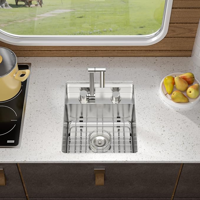15 Inch RV Kitchen Sink - Fulorni 15"x17" Outdoor RV Mobile Camper Wet Bar Prep Sink Undermount 16 Gauge Stainless Steel Single Bowl Basin with Foldable Faucet