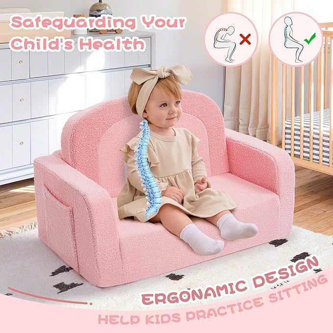 Extra Wide Kids Couch, 2-in-1 Soft Toddler Couch with Blanket, Comfy Toddler Chair, Convertible Sofa with Cute Rainbow Design, Pink