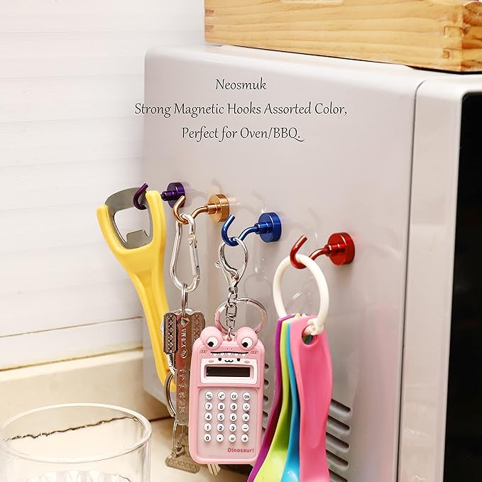 Neosmuk Magnetic Hooks, 30lb+ Heavy Duty Earth Magnets with Hook for Refrigerator, Extra Strong Cruise Hook for Hanging, Magnetic Hanger for Cabins, Grill (Purple, Pack of 6)